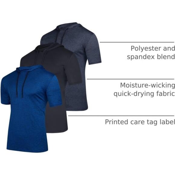 Real Essentials 3 Pack: Men's Dry Fit Short Sleeve Active Athletic Hoodie - Picture 4 of 7